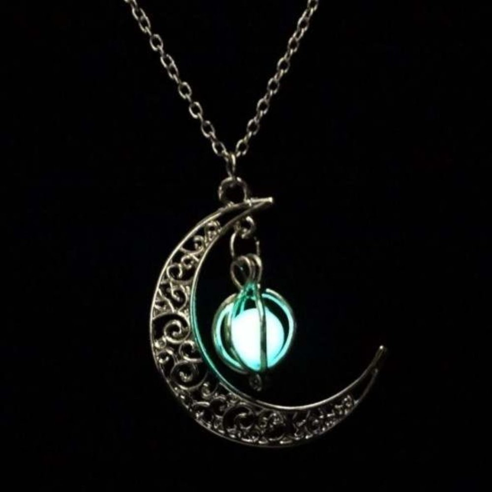 Crescent Moon with Luminous Caged Light Green Glowing Orb Pendant Silver Chain